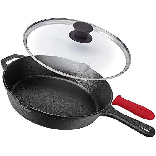 Pre-Seasoned Cast Iron Skillet (10-Inch) with Glass Lid and Handle Cover Oven Safe Cookware - Heat-Resistant Holder - Indoor and Outdoor Use - Grill, Stovetop, Induction Safe