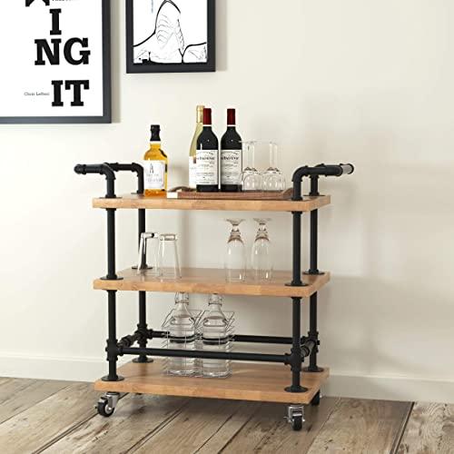 WGX Design For You Industrial 3 Tiers Rolling Carts Serving Carts Kitchen Carts Wine Rack Carts on Wheels with Storage - Solid Wood and Pipe