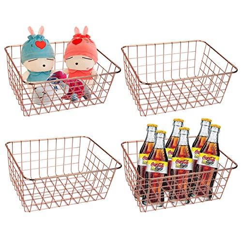 Jucoan 4 Pack Large Metal Wire Storage Baskets, Rose Gold Wire Baskets with Handles, Pantry Organizer Storage Bins for Kitchen, Pantry, Closet, Laundry Room, Cabinets, Garage