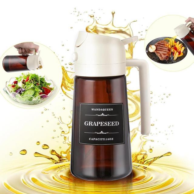 WandaQueen 2 in 1 Olive Oil Dispenser and Oil Sprayer, 16oz Olive Oil Dispenser for Kitchen, 470ml Oil Sprayer for Cooking, Olive Oil Dispenser Bottle with Stickers, Upgraded Brown
