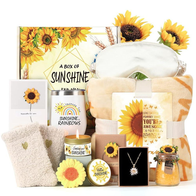 Sending Sunshine Gift, 11Pcs Sunflower Gifts for Women, Care Package, Birthday Gifts Box, Get Well Soon Gifts Basket Thinking of You Gift for Women, Friend, Sister, Mom with Inspirational Blanket