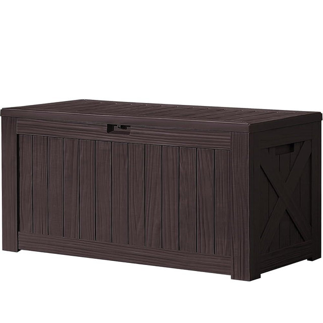 Devoko 120 Gallon Deck Box Resin Outdoor Storage Box Waterproof for Patio, Large Outdoor Storage Bench Lockable for Outside (Deep Brown)
