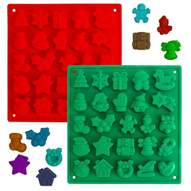 Christmas Chocolate Molds, 2Pcs Silicone Candy Molds for Baking, Santa Claus Gingerbread Man Christmas Tree Snowman Snowflake Gift Shape Baking Moulds for Handmade Chocolate Candy Ice Cube Jello Soap