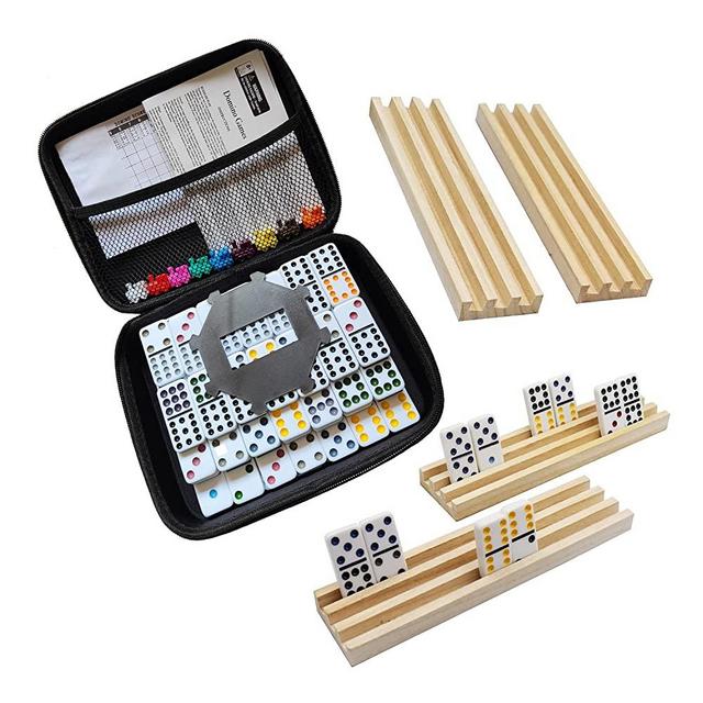 uvcany Mexican Train Dominoes Set with 4 Wooden Trays/Racks, Double 12 Dominos Travel Set with 4 Domino Tiles Holders, 91 Tiles Double12 Colored Dominoes Game Set with Portable Case for Families Kids