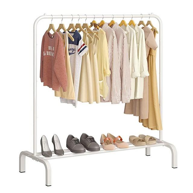 JIUYOTREE Metal Clothing Rack, Clothes Garment Coat Rack with Bottom Shelf, Clothing Rack for Hanging Clothes, Coats, Skirts, Shirts, Sweaters, White