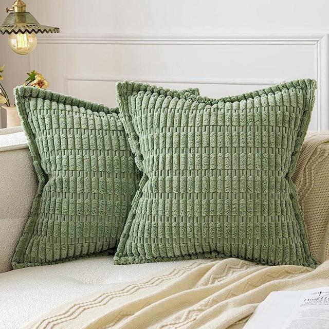 MIULEE Sage Green Corduroy Decorative Throw Pillow Covers Pack of 2 Soft Striped Pillows Pillowcases with Broad Edge Modern Boho Home Decor for Couch Sofa Bed 18x18 Inch