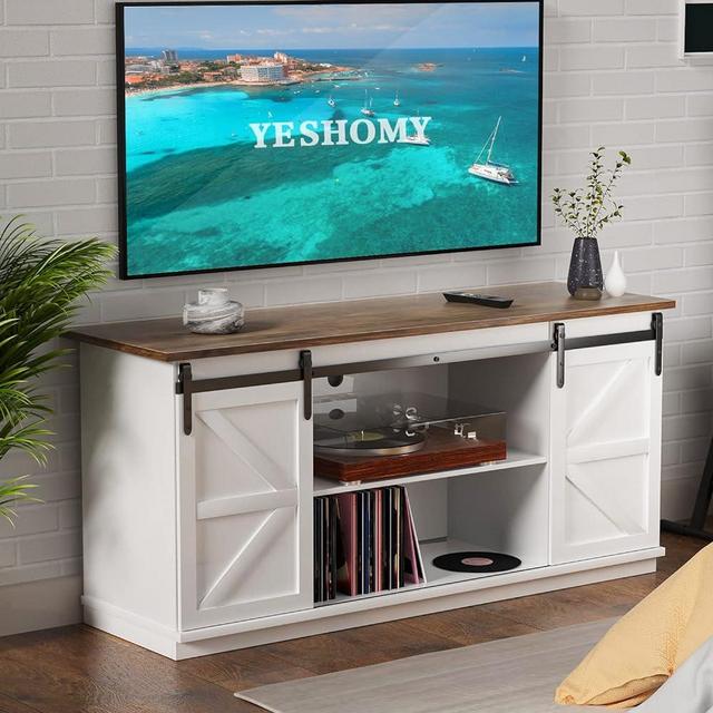 YESHOMY Farmhouse TV Stand and Entertainment Center for Televisions up to 65 Inchs, with Sliding Barn Doors and Storage Cabinets, Console Table and Media Furniture for Living Room, 58 Inch, Milk White
