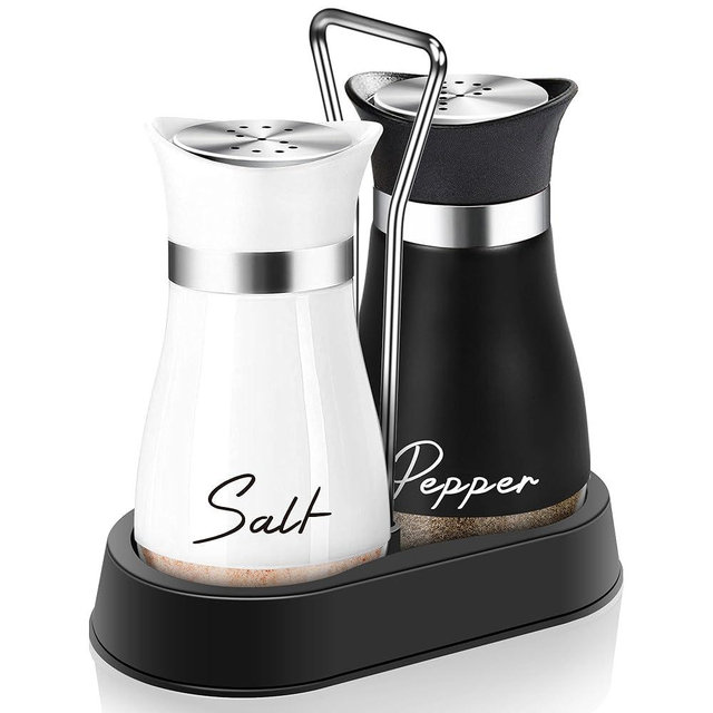 Salt and Pepper Shakers Set with Holder,4 oz Bottom Salt Shaker with Stainless Steel Lid for Kitchen Gadgets Cooking Table Housewarming Gift Christmas Decor Refillable Design (Black + White)
