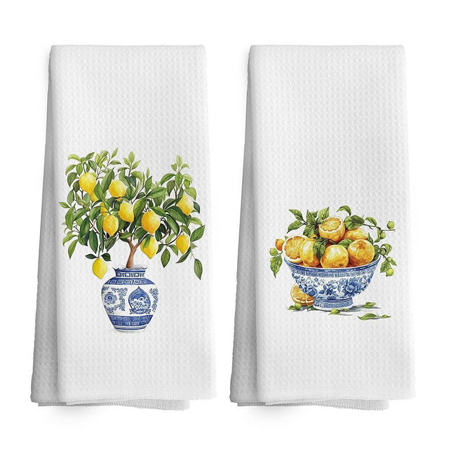 TAEDIN Chinoiserie Decor Kitchen Towels Lemon Chinoiserie Dish Towel 16x24 Inches, Blue and White Chinese Vase Decorative Absorbent Dishcloths Tea Towels Set of 2 for Kitchen Bar Cart Decor