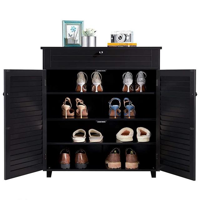 Topeakmart Shoe Cabinet Storage Container Black Wood Shelf with 4 Tiers for Entryway Bathroom Living Room