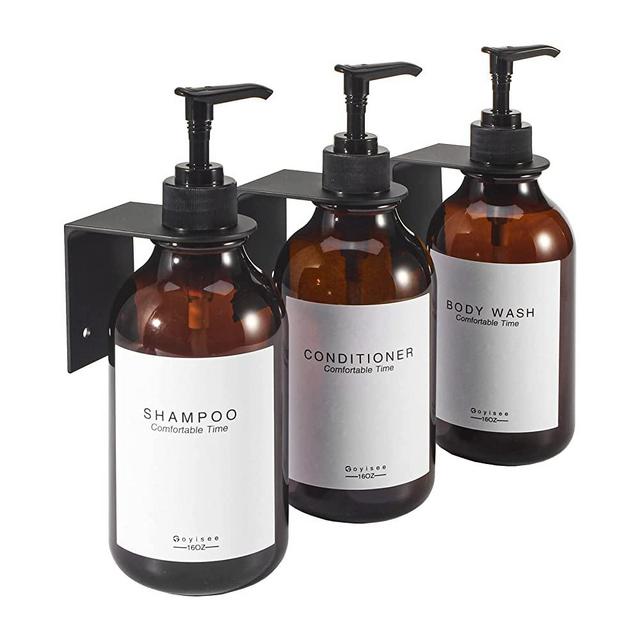 GOYISEE Shampoo and Conditioner Dispenser for Shower Wall 3 Chamber,Refillable Shampoo and Conditioner Bottles with Waterproof Labels,Soap Dispenser with Pumps (3 Bottles 3 Wall Mounts-Brown)