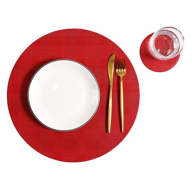 Jovono Round Christmas Placemats for Round Tables Set of 6, Red Buffalo Plaid Table Place Mat and Coasters, Washable Easy to Care for Indoor Decor 13" Diameter