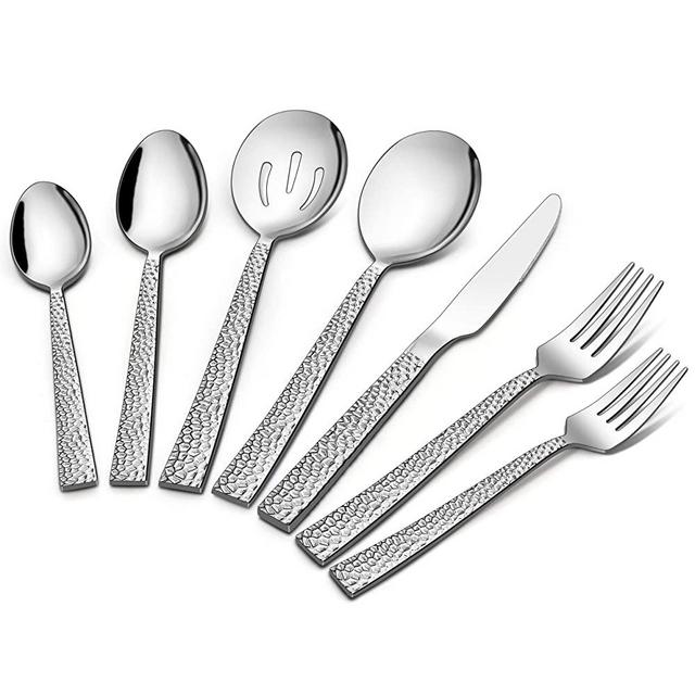 LIANYU 30-Piece Silverware Set with 3 Serving Spoons and 3 Slotted Serving Spoons, Stainless Steel Flatware Set Service for 6, Hammered Square Cutlery Set for Home Party Wedding, Dishwasher Safe