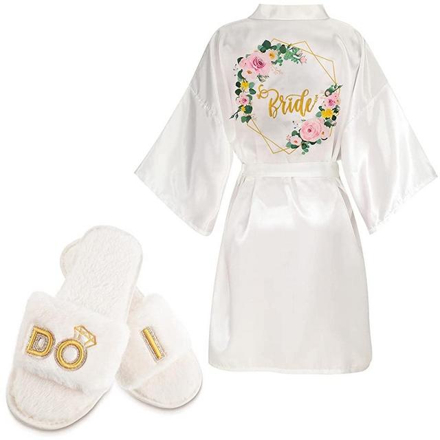 3 Pieces Bridal Slippers Bridal Bridesmaids Party Short Satin Robes Wedding Bride Fuzzy I Do and I Do Crew Slippers Shoes