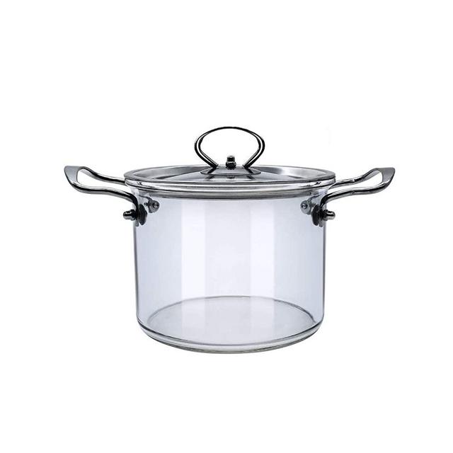 Glass Saucepan with Cover for Cooking Glass Pot Stovetop Heat Resistant ABHOME Stainless Steel Double Handles Stovetop Clear Glassware for Cooking Milk, Pasta & Baby Food (2.3 Liter)