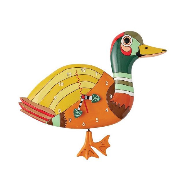 Enesco Allen Designs Waddles The Duck Sculpted Pendulum Wall Clock, 8.39 Inch, Multicolor