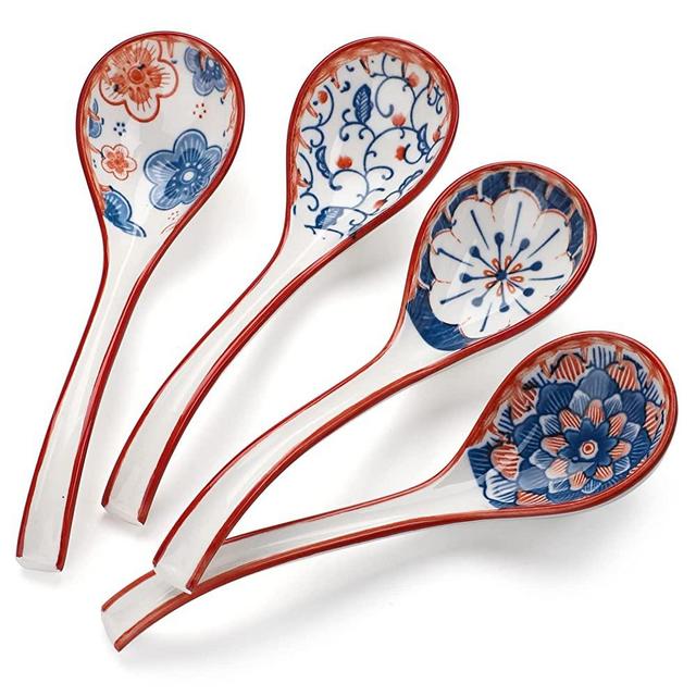 Asian Soup Spoon Set of 4 Ceramic Ramen Spoons Long Handle Chinese Soup Spoons Porcelain Japanese Soup Spoon for Pho, Miso, Noodles, Dumpling, Wonton (Model 1#)