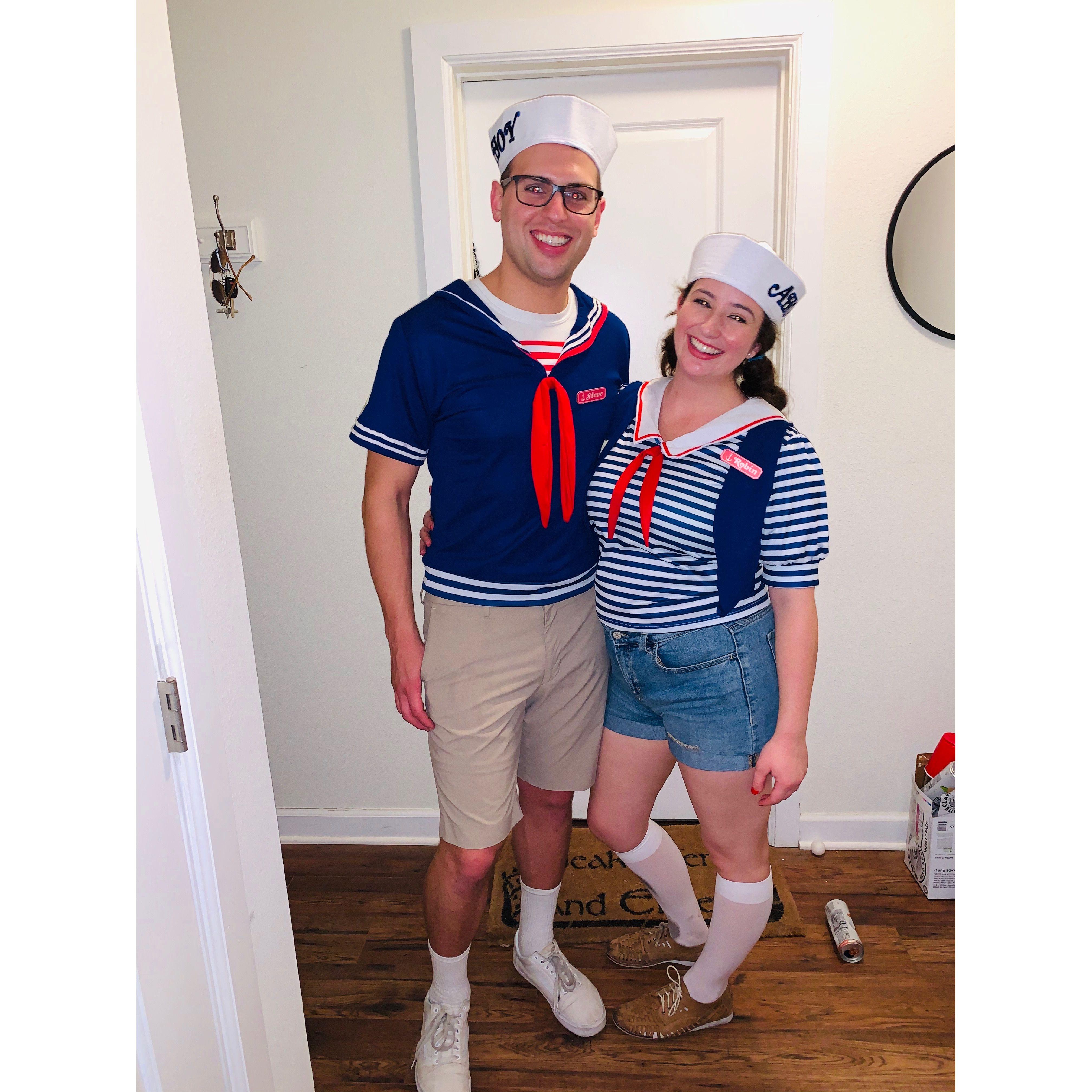 October 2019: Dressed as Steve and Robin from Scoops Ahoy for the last pre-pandemic Halloween.