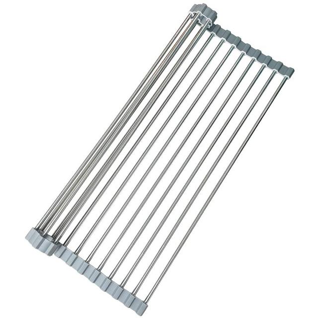 MECHEER Over The Sink Dish Drying Rack, Roll Up Dish Drying Rack Kitchen Dish Rack Stainless Steel Sink Drying Rack, Foldable Dish Drainer, Gray (17.5''x13.7'')