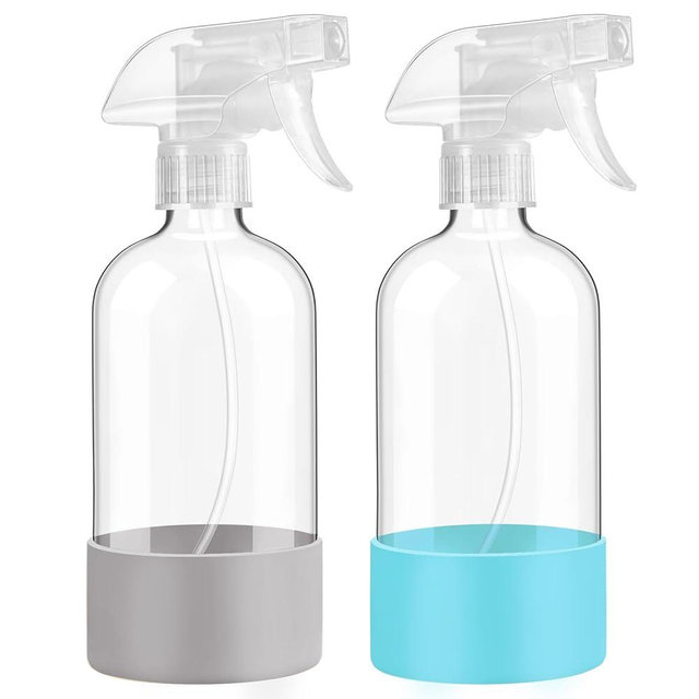 Glass Spray Bottles with Silicone Sleeve Protection, 16 oz 2 Pack, Empty Refillable Containers, Reusable Spray Bottles with Adjustable Nozzle for Hair, Cleaning Solutions and Plants , Blue&Grey