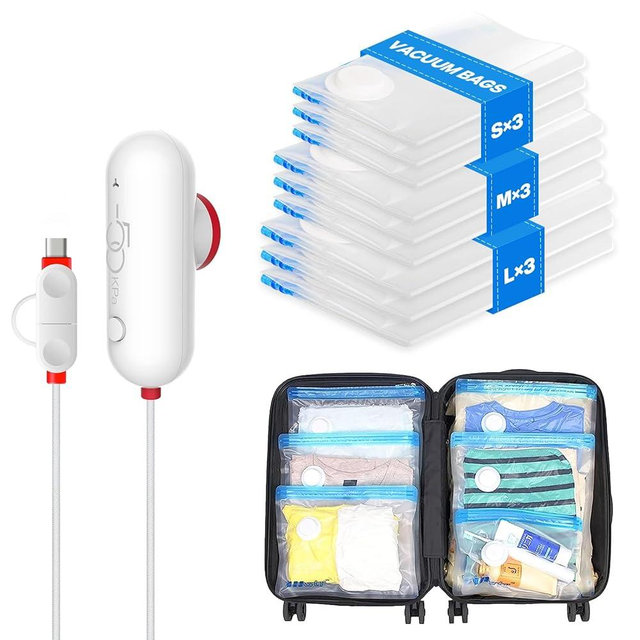 VMstr 9 Pack Travel Vacuum Storage Bags with USB Pump, Vacuum Packing Seal Bags for Luggage, Carry-on Size Space Saver for Clothes and Clothing Travel