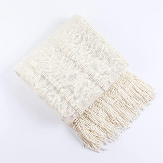 Soft Cable Knitted Throw Blanket Boho Blanket Tassel Decorative Textured Throw Blanket Lightweight for Bed Couch Sofa Chair Outdoor Picnic All Season 50x60 Inch Cream White