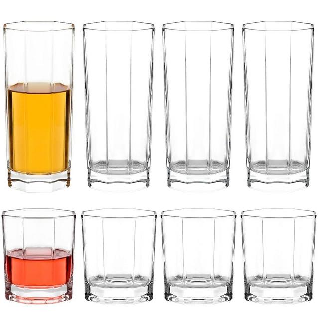 Ymyaye 8 Pack Drinking Glasses, 4pcs Highball Glasses(9oz) & 4pcs Rocks Glasses(8.5oz), Clear Vintage Octagon Whiskey Glassware Set of 8, Premium Glass Tumbler (Style F: 9oz+8.5oz)