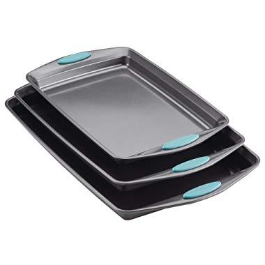 Rachael Ray Nonstick Bakeware Cookie Pan Set, 3-Piece, Gray with Agave Blue Silicone Grips