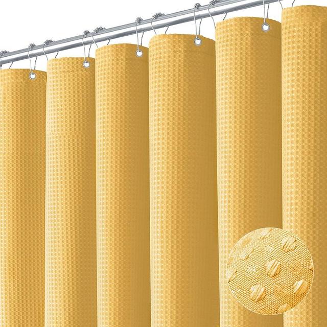 Dynamene Gold Fabric Shower Curtain - Waffle Weave Textured Heavy Duty Cloth Shower Curtains for Bathroom, 256GSM Hotel Luxury Weighted Bath Curtain Set with 12 Hooks,72x72, Gold