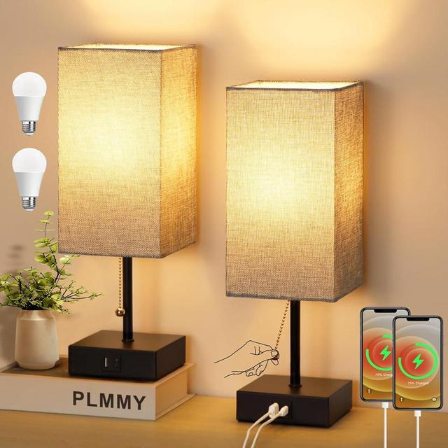PLMMY Table Lamp for Bedroom Set of 2, Warm White Bedside Lamps with USB Type C Outlets, Square Pull Chain Nightstand Lamp for Living Room, Office Desk, LED Bulb Included