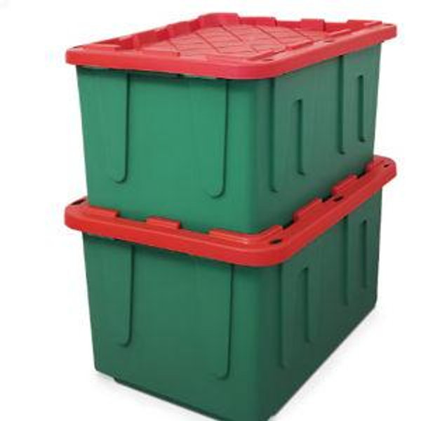 Homz Products HOMZ Durabilt 27 Gallon Heavy Duty Holiday Storage Tote Green/Red (2 Pack)