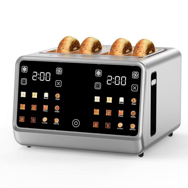 4 Slice Toaster Wide Slot– Dual Digital TouchScreen & Independent Control Panel | Single Slot Toasting, Timer/Reheat/Defrost, 1800W Stainless Steel Toaster for Bagels | 6 Toast Types & Shade Settings
