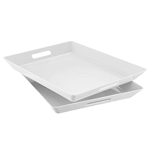 i BKGOO Foodservice White Plastic Tray Set of 2 Large Melamine Rectangular Serving Platters for Parties, Coffee Table, Kitchen Size(15.5"x12.2"x1.6")