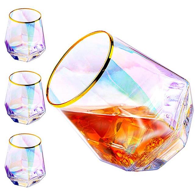Diamond Whiskey Glasses, Set of 4 Rocks Rainbow Glasses Gold Banded Cocktail Drinkware for Rum, Scotch, Bourbon or Wine, Tumblers Elegant Glass Unique Valentine Mother's Day Gift for Women Men Family