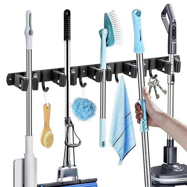 Broom Holder Wall Mount, LOVZEN Broom Organizer Wall Mount Stainless Steel Mop and Broom Holder Wall Mounted Heavy Duty Broom Hanger Storage Rack for Kitchen,Laundry Room,Garden 5 Rack 4 Hooks Black