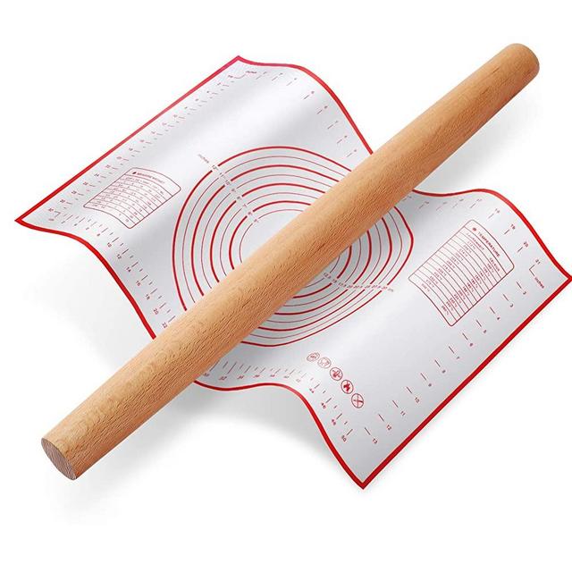 Rolling Pin, QUELLANCE Wood French Roller Pin with Silicone Baking Mat, Beech Wood Dough Roller for Baking Dough, Pizza, Pie, Pastries, Pasta and Cookies