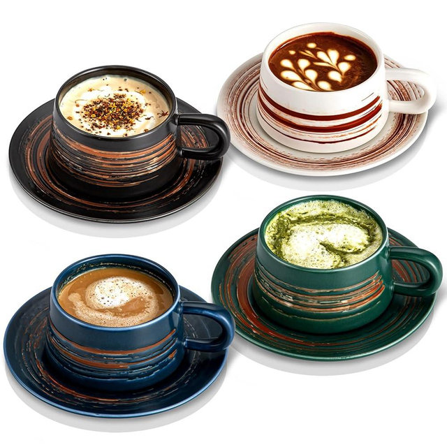 YUN TAO 4-Piece Ceramic Latte & Cappuccino Cups with Saucers Set, Ergonomic Handle Tea Mugs - Elegant Stylish Design for Home Office Cafe, Ideal for Coffee Lovers, Perfect Birthday Gifts for Women
