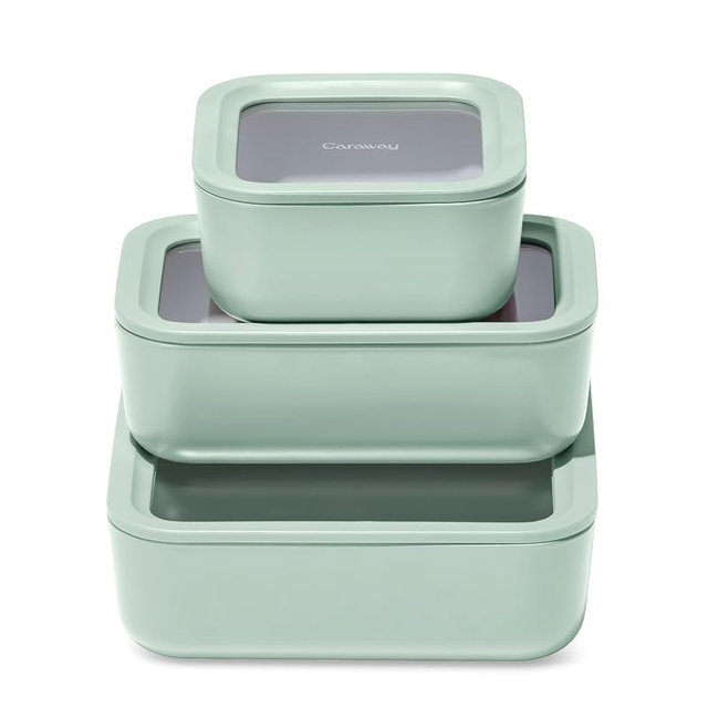 Caraway 3pc Glass Food Storage Set – 10 Cup, 6.6 Cup, & 4.4 Cup Food Containers - Ceramic Coated - Non Toxic Non Stick Lunch Box with Glass Lids - Dishwasher, Oven, & Microwave Safe - Mist