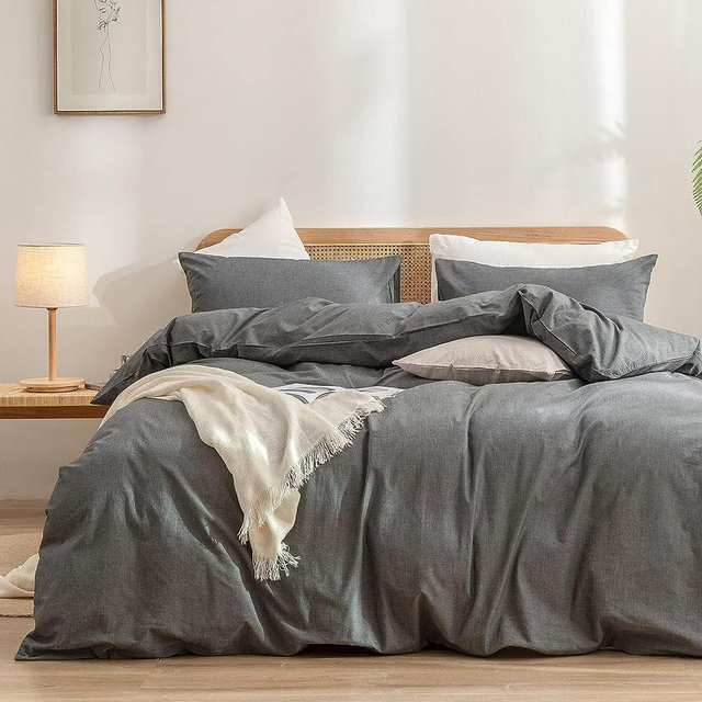 BESTOUCH Duvet Cover Set 100% Washed Cotton Linen Feel Super Soft Comfortable Chic Lightweight 3 PCs Home Bedding Set Solid Dark Grey Queen