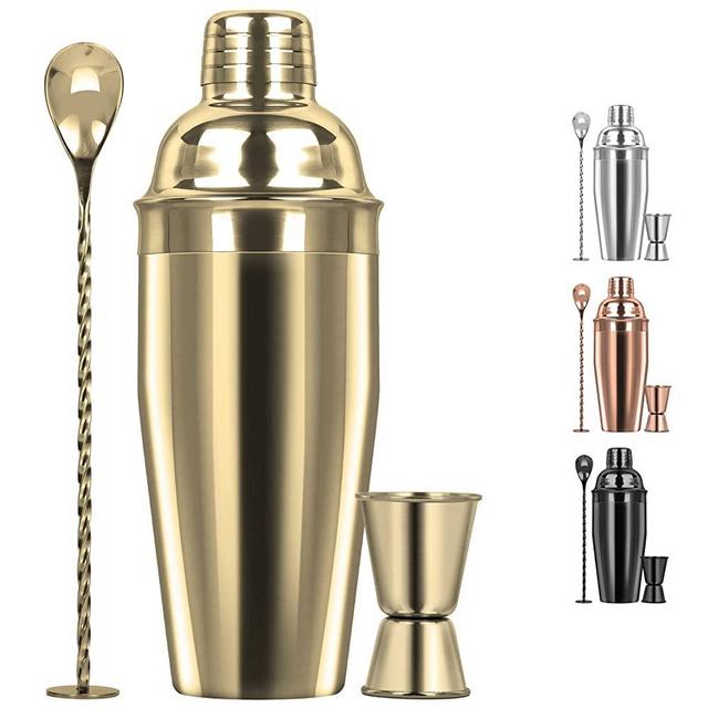 Large 24oz Cocktail Shaker Set, Stainless Steel 18/8 Martini Mixer Shaker with Built-in Strainer, Measuring Jigger & Mixing Spoon, Martini Shaker Set, Perfect for Bartender and Home Use, Gold