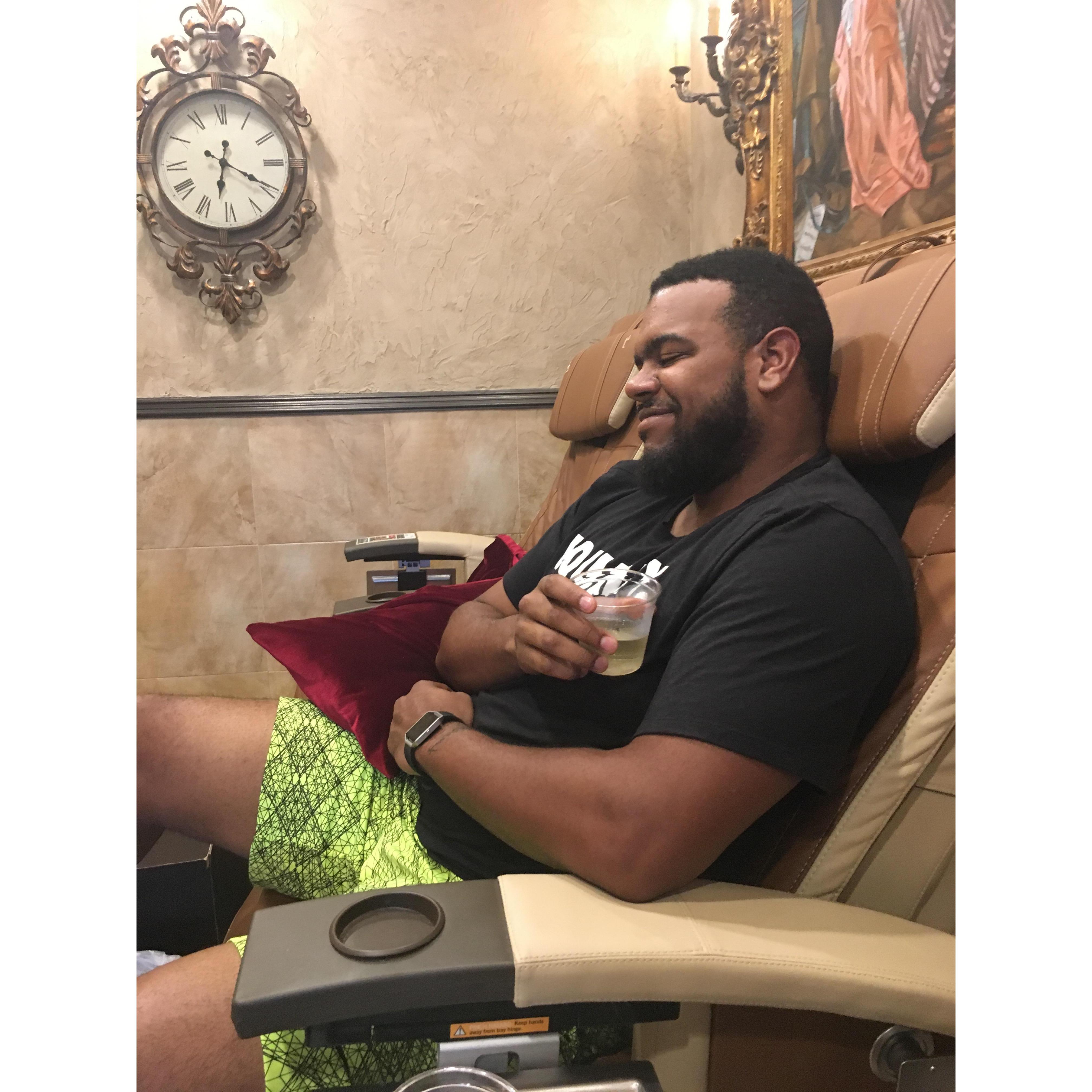 Josh's first time getting his feet done professionally. Our sheets thanked me after this lol