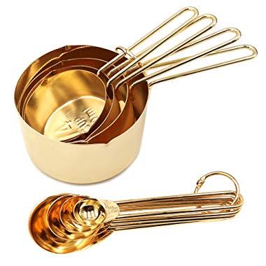 Homestia Stainless Steel Measuring Cups and Spoons Set of 8 Pcs Baking Cooking Utensils with Measurement for Dry and Liquid Ingredients, Gold