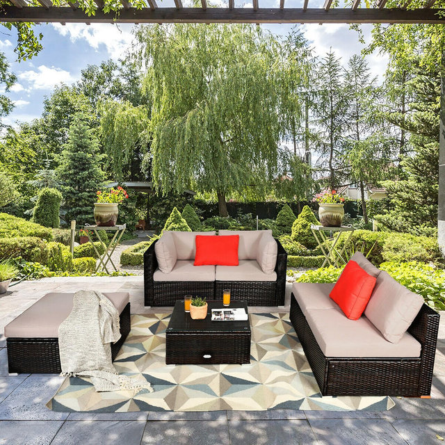 Costway 6PCS Outdoor Rattan Furniture Set Patio Seating Set Cushioned Ottoman
