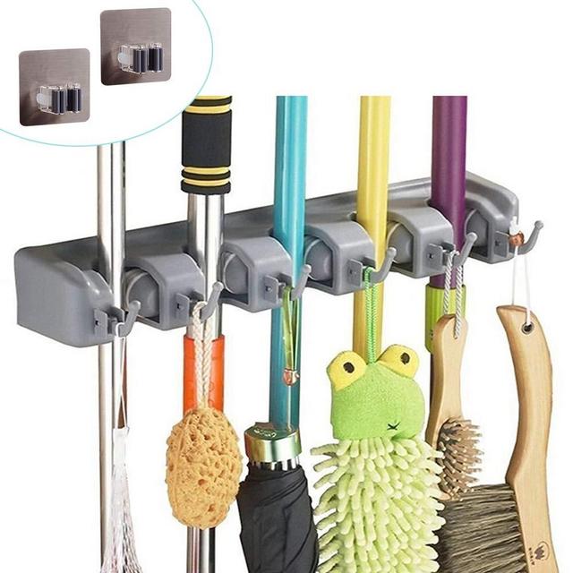 Broom and Mop Holder Wall Mount and Garden Tool Organizer, 5 Slot 6 Hooks Wall Mounted Organizers with 2 No Drilling Mop Storage Holder for Closet, Kitchen,Home, Garge (1 Set)