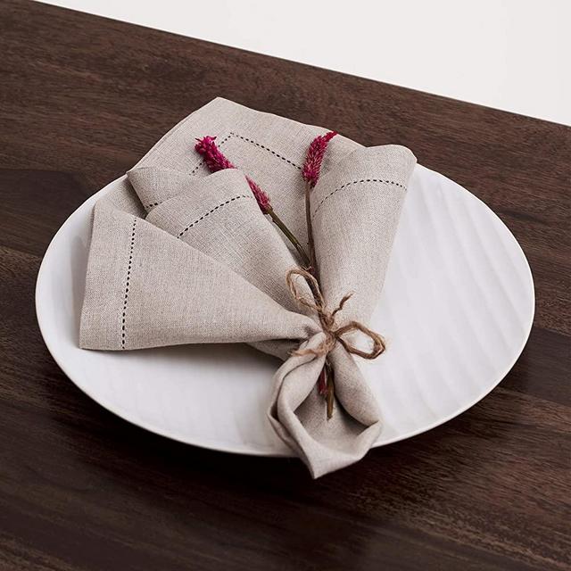 D’Moksha Homes 100% Pure Linen - 20x20 inch Hemstitch Dinner Napkins, Cloth Napkin, Handmade, Reusable, Machine Washable Table Napkins for Kitchen, Party, Wedding, Dinners - Vintage Natural Set of 4