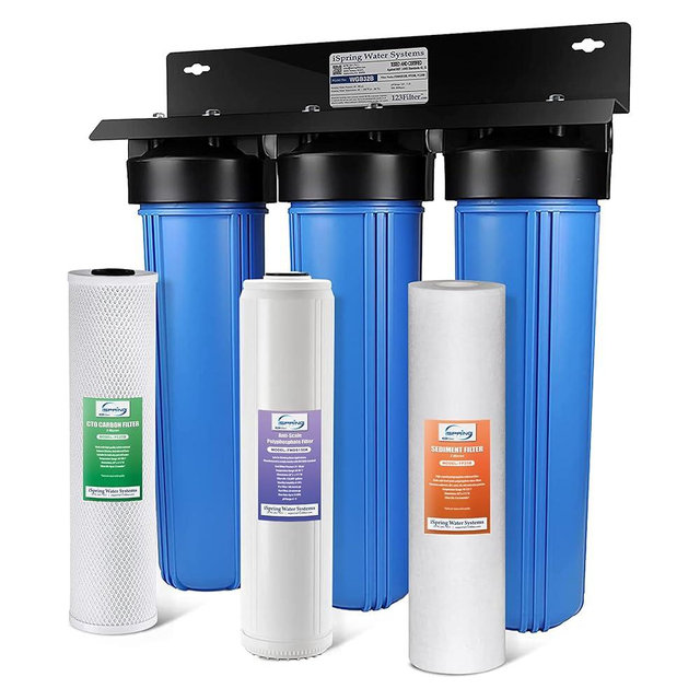 iSpring Whole House Water Filter System w/ Sediment, Polyphosphate Anti-Scale, and Carbon Block Water Filters, 3-Stage Water Descaler and Water Filter, Model: WGB32B-DS