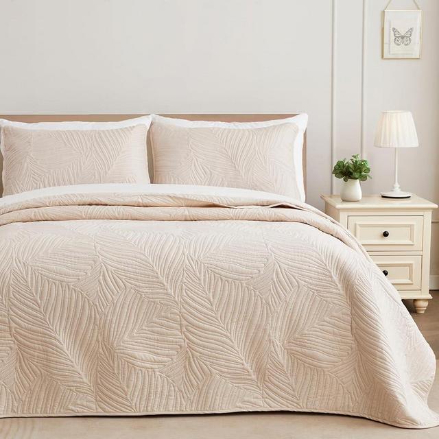 Exclusivo Mezcla Ultrasonic Quilt Set Full Queen Size Beige, 3 Piece Lightweight Bedspread Leaf Pattern Bed Cover Soft Microfiber Coverlet Bedding Set for All Seasons