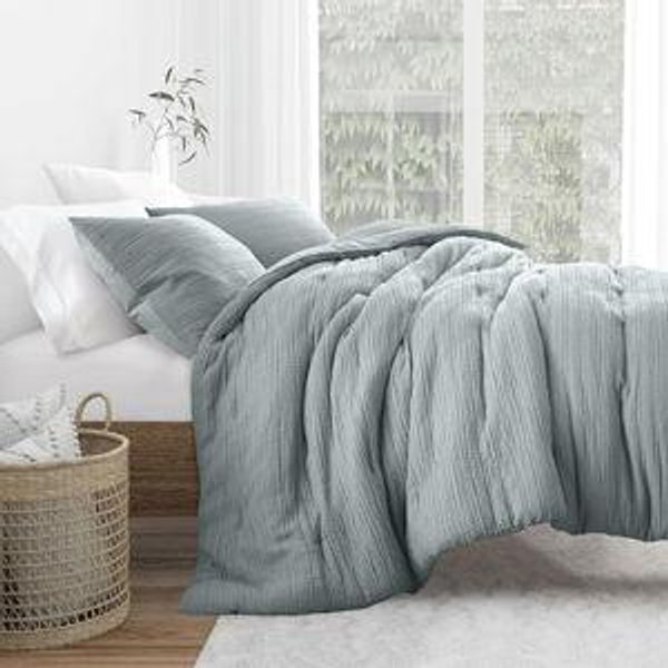 Merit Linens Waffle Textured 3 Piece Comforter Set All Season Down-Alternative Ultra Soft Bedding - King/Cal-King Light Blue