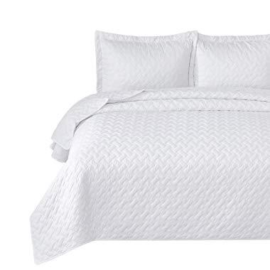 Bedsure Quilt Set White King Size (106x96 inches) - Basket Weave Pattern Bedspread - Soft Microfiber Lightweight Coverlet for All Season - 3 Pieces (Includes 1 Quilt, 2 Shams)