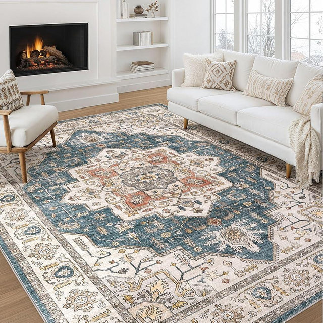 Area Rug 8x10 Washable Vintage - Soft Traditional Rugs for Living Room Large Non Slip Backing with Low Pile Farmhouse Oriental Retro Carpet for Bedroom Dining Room or Home Office - Blue